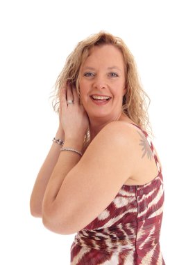 Mutlu sarışın kadın portre resim.