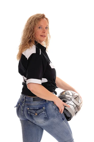 Blonde vrouw met Motorhelm. — Stockfoto