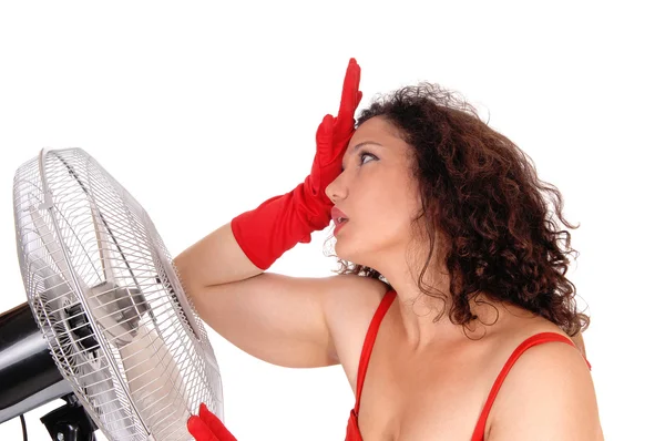 Warme vrouw met grote fan. — Stockfoto