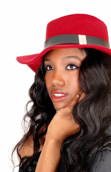 Closeup of black girl with red hat. — Stock Photo, Image