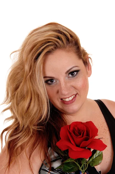 Blond woman with red rose. — Stock Photo, Image