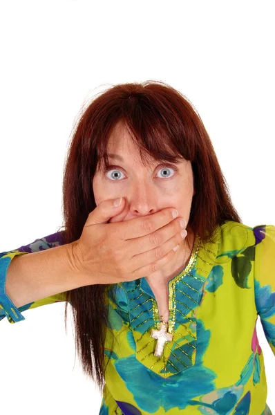 Surprised woman with hand on mouth. — Stock Photo, Image