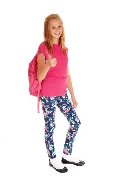 Mooie blonde schoolmeisje klaar voor school. — Stockfoto