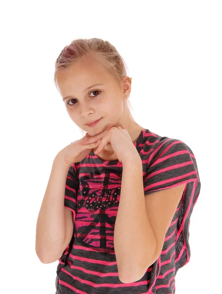 Young girl with hands under chin. — Stock Photo, Image