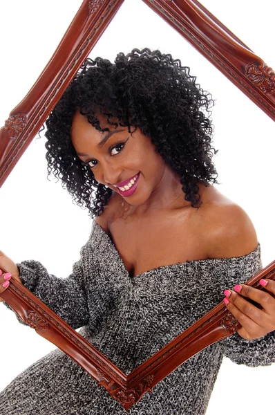 Femme afro-américaine avec cadre photo . — Photo