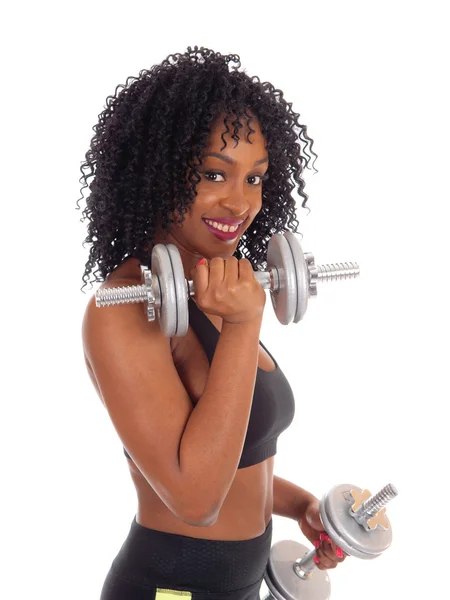 Closeup of African American woman with dumbbell's. — Stock Photo, Image