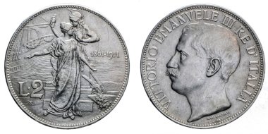 İki liret gümüş sikke 1911 ellinci yıldönümü Vittorio Emanuele III İtalya Krallığı