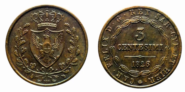 Three cents Lire Savoy Copper Coin 1826 Turin Carlo Felice pre-unification of Italy — Stock Photo, Image