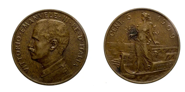 Vijf 5 cent Lire koper munt 1909 Prora Vittorio Emanuele Iii Koninkrijk Italië — Stockfoto