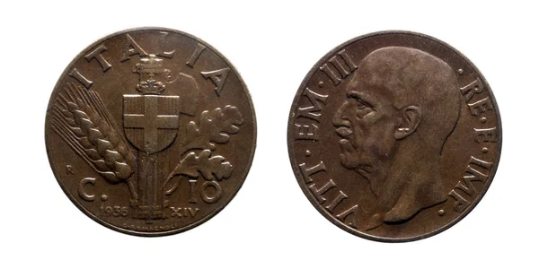 10 dziesięć centów lirów miedź moneta 1936 Imperium Vittorio Emanuele Iii Królestwa Włoch — Zdjęcie stockowe