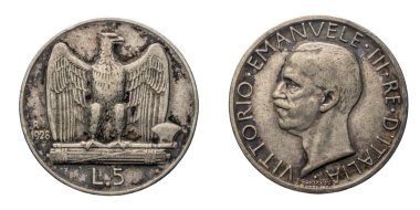 beş 5 liret gümüş sikke 1928 kartal Vittorio Emanuele III İtalya Krallığı silah