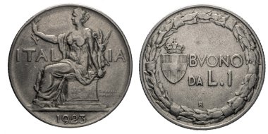 Bir 1 Lira Nichelio sikke 1923 Buono, kartal İtalya üzerinde geri ve ön, nane bir Roma Savoy kollu değer