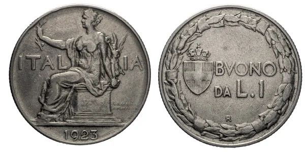 One Lira Nichelio Coin 1923 Buono Sentado Itália Nas Costas Fotografia De Stock