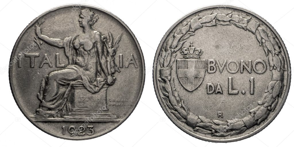 One 1 Lira Nichelio Coin 1923 Buono, Sitted Italy on back and value with Savoy arms on front, Mint of rome