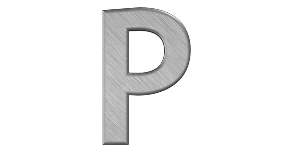 Die 3D-Wiedergabe des Buchstabens p in gebürstetem Metall auf einer weißen Iso — Stockfoto