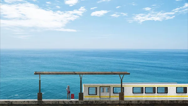 The 3d rendering of beautiful train station with nice beach sky
