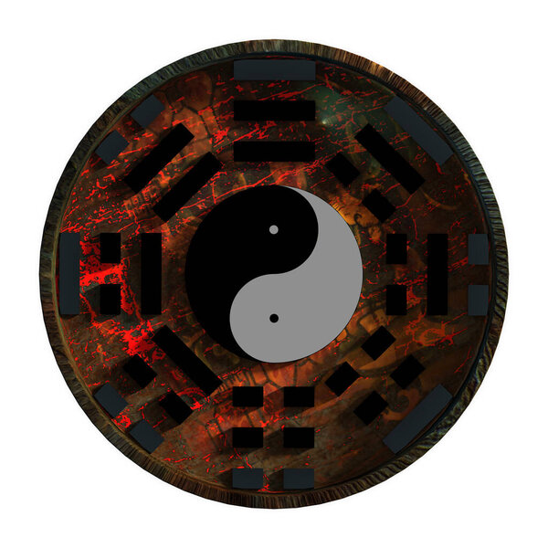 The 3d rendering of yin and yang symbol with bagua arrangement