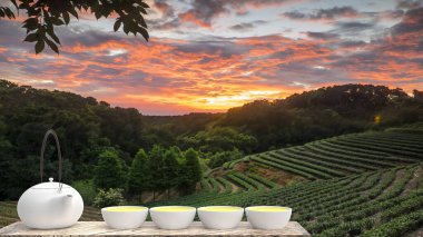 3 boyutlu sıcak çay fincanı ahşap bir zemine serilir.