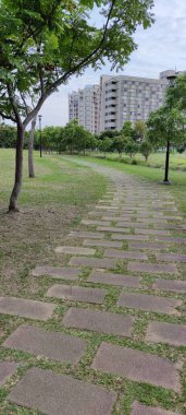 Güzel manzaralı dairelerin önündeki taş zemin yolu.
