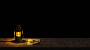 The Oil Lamp at Night on a Wooden Surface