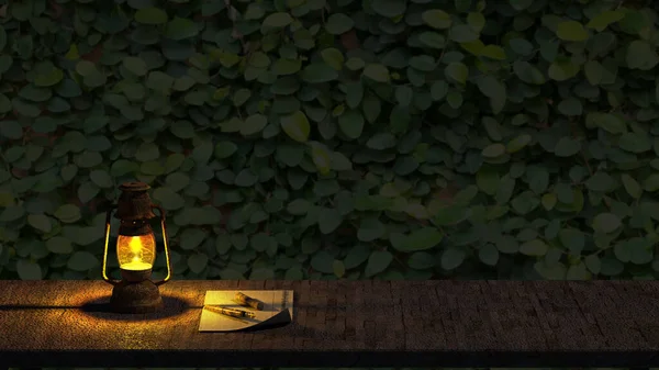 The Oil Lamp at Night on a Wooden Surface