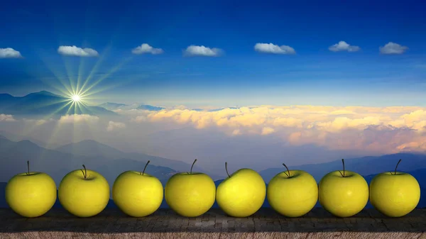 Representación Manzanas Maduras Placa Madera Con Buen Fondo — Foto de Stock