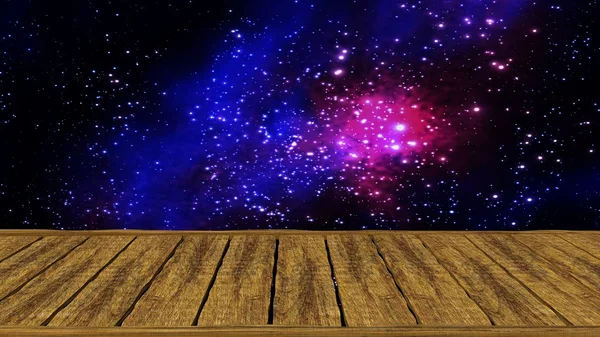 Galaxy view with wood plate — Stock Photo, Image