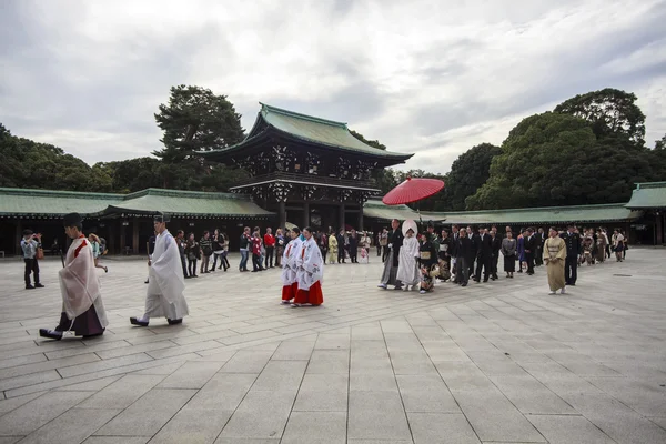 Meiji jingu Tapınak, geleneksel bir dree kadar ziyaretçi Giydir — Stok fotoğraf