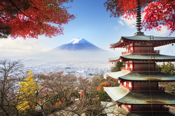 Mt. Fuji with fall colors in Japan.