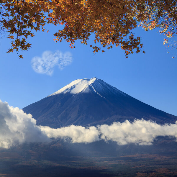 Image of sacred mountain of Fuji in the background at Japan for adv or others purpose use