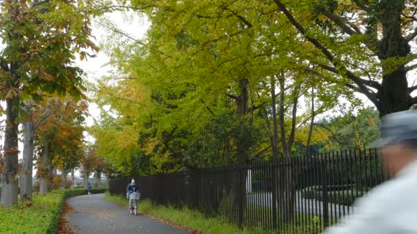 Les gens qui traversent le parc par une journée nuageuse 