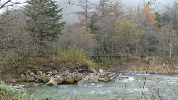 A kilátás a Kappabashi híd. Ez a kép volt elvett-ban Kamikochi, Nagano prefektúra, Japán — Stock videók