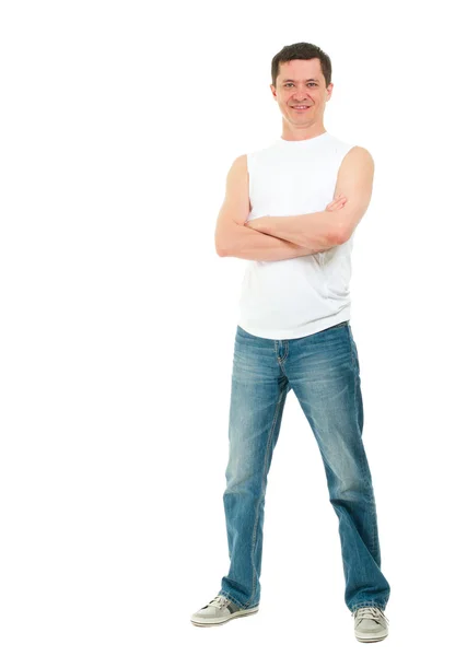 Retrato de hombre de camisa blanca cruzando brazos aislados sobre blanco — Foto de Stock