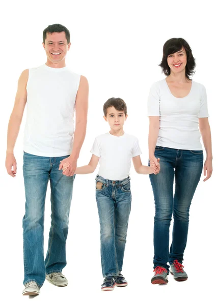 Famiglia sorridente che cammina isolato sul bianco — Foto Stock