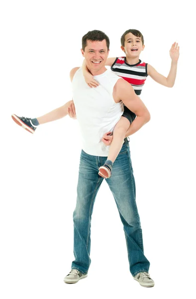 Glücklicher Vater und Sohn haben Spaß isoliert auf weiß — Stockfoto