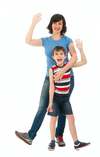 Sorridente madre e figlio isolato su bianco Fotografia Stock