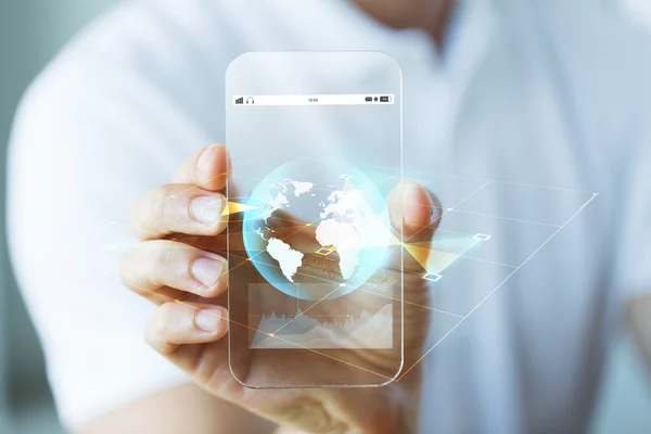 Close up of hand with earth globe on smartphone — Stock Photo, Image