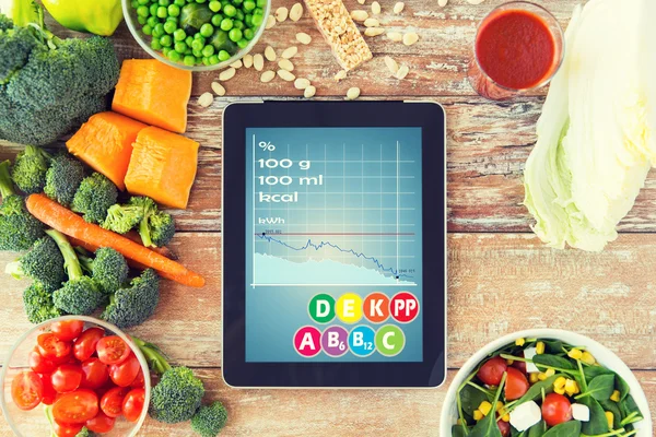 Close up of tablet pc with chart and vegetables — Stock Photo, Image