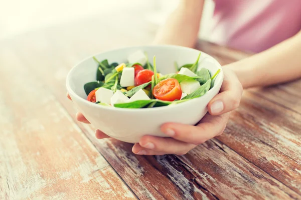 Close up of young woman hands showing salad bowl Stock Photo