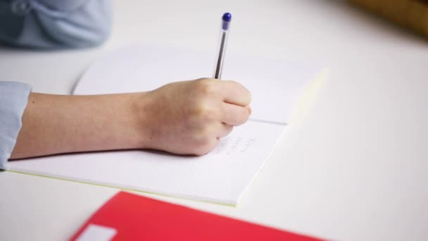 School girl hand writing math task to notepad — Stock Video