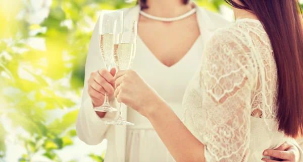 Close up of lesbian couple with champagne glasses — Stock Photo, Image