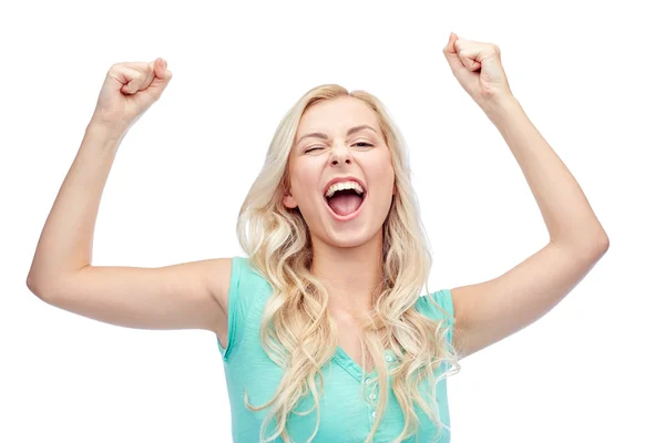 Happy young woman or teen girl celebrating victory — Stock Photo, Image