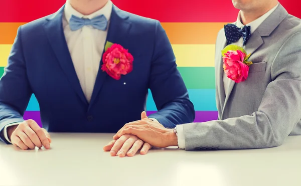 Närbild av glada manliga homosexuella par håller hand — Stockfoto