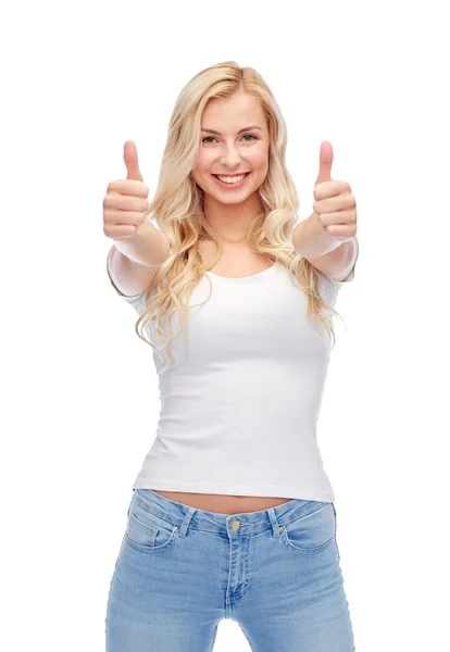 Feliz joven mujer o adolescente chica en camiseta blanca — Foto de Stock