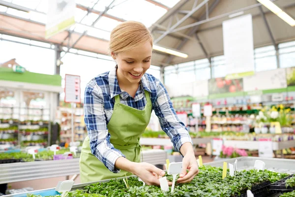 Lycklig kvinna ta hand om plantor i växthuset — Stockfoto