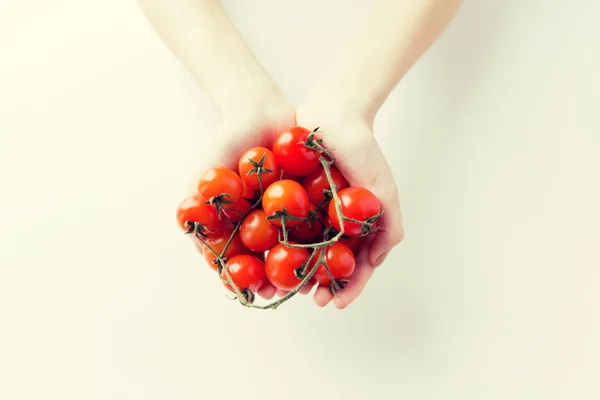 Primer plano de las manos de la mujer sosteniendo tomates cherry — Foto de Stock