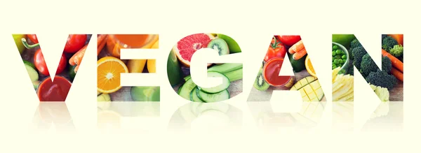Palavra vegan de frutas e legumes fundo — Fotografia de Stock