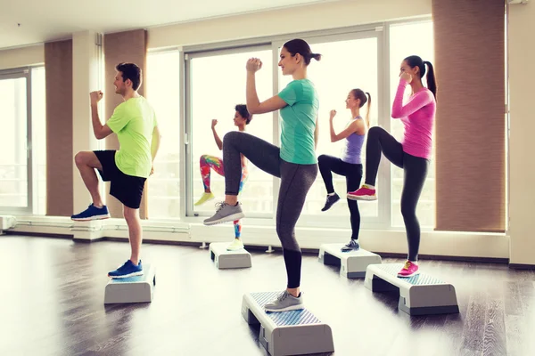 Gruppe von Menschen, die mit Steppschuhen im Fitnessstudio trainieren — Stockfoto