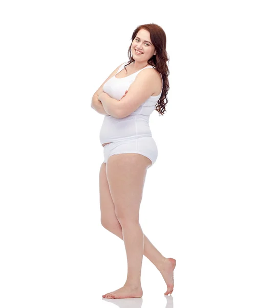 Glada plus size kvinna i underkläder — Stockfoto