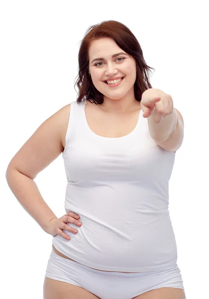 Plus size woman in underwear showing — Stock Photo, Image